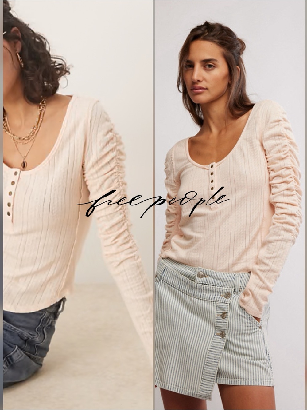 NWOT - Free People Long-Sleeve Henley Top in Peach (XL)